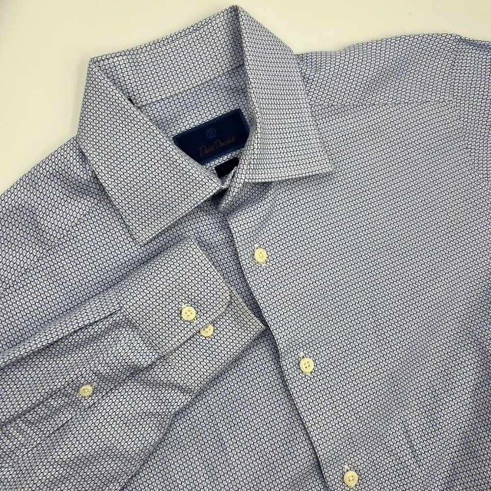 David Donahue Mens Slim Fit Blue & White Geometric Dress Shirt Size 16 34/35